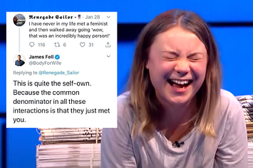 greta thunberg laughing with a twitter exchange where a man called feminists unhappy and someone replied that they were unhappy talking to him