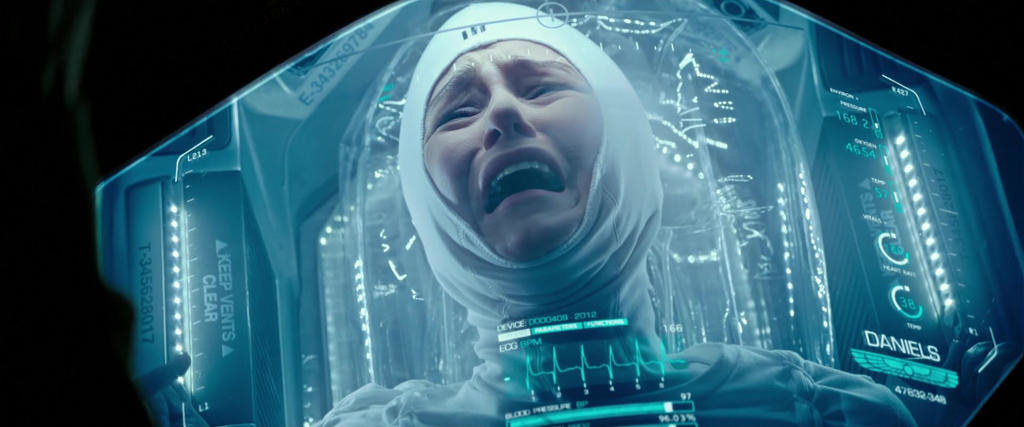 photo of a woman upset while in a space-looking capsule