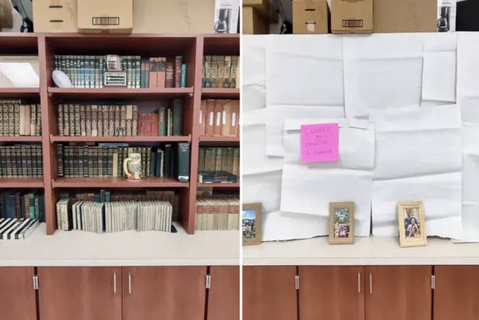 a side by side photo of the same bookshelf, on the right, the books are covered with sheets of white paper