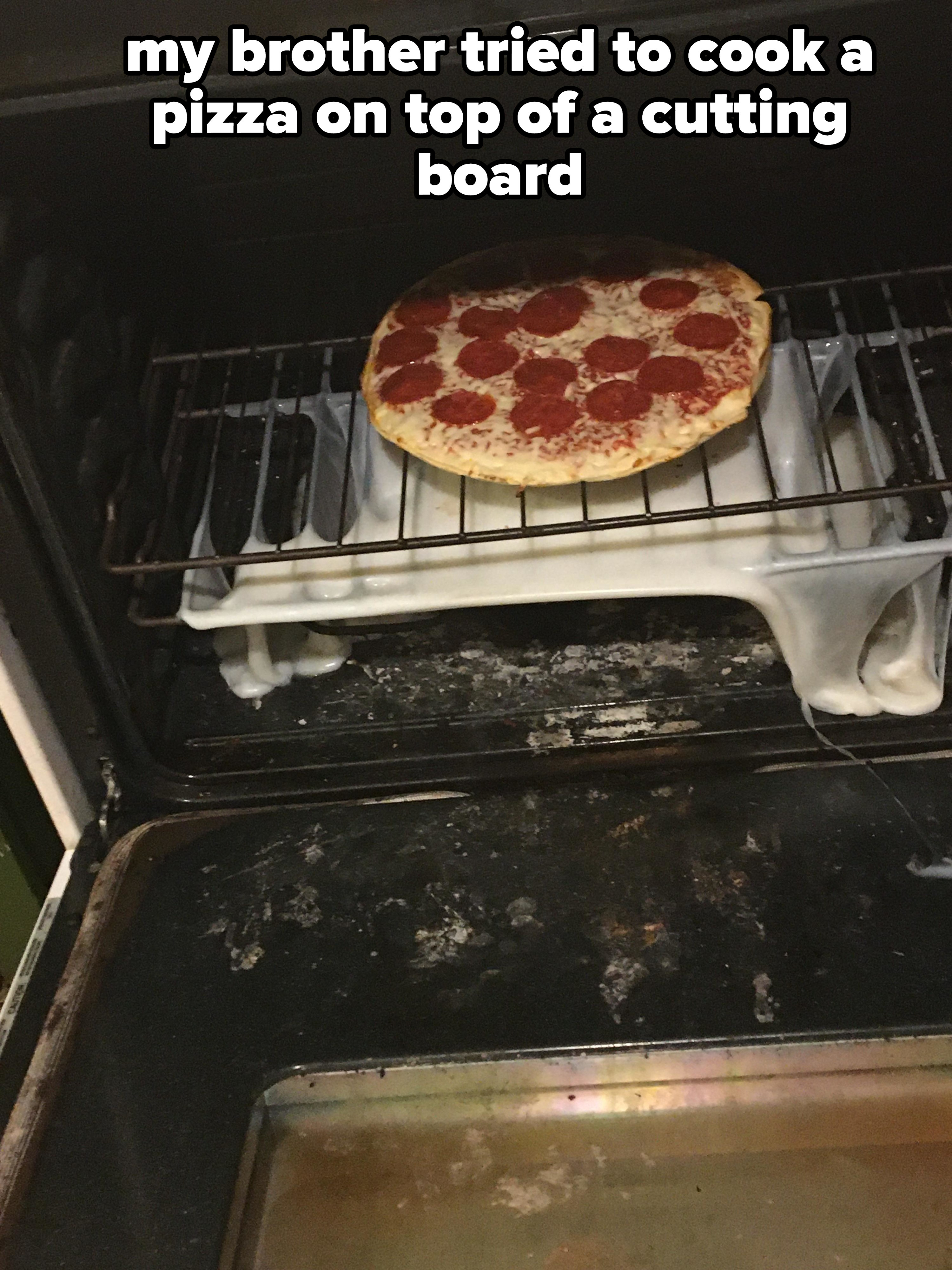 cutting board melted under a pizza