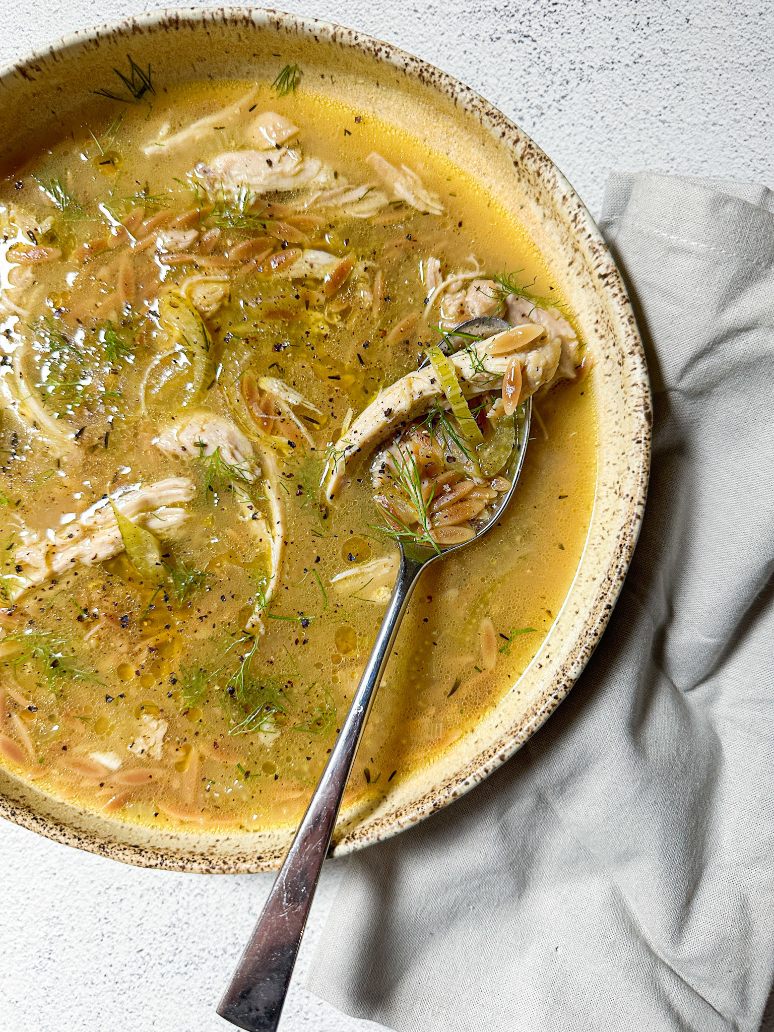 plated bowl of soup with brown, toasted orzo, shredded chicken, and fennel pieces in chicken broth