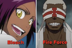 On the left is an image of Yoruichi smiling from Bleach and on the right is an image of Charon from Fire Force smiling menacingly