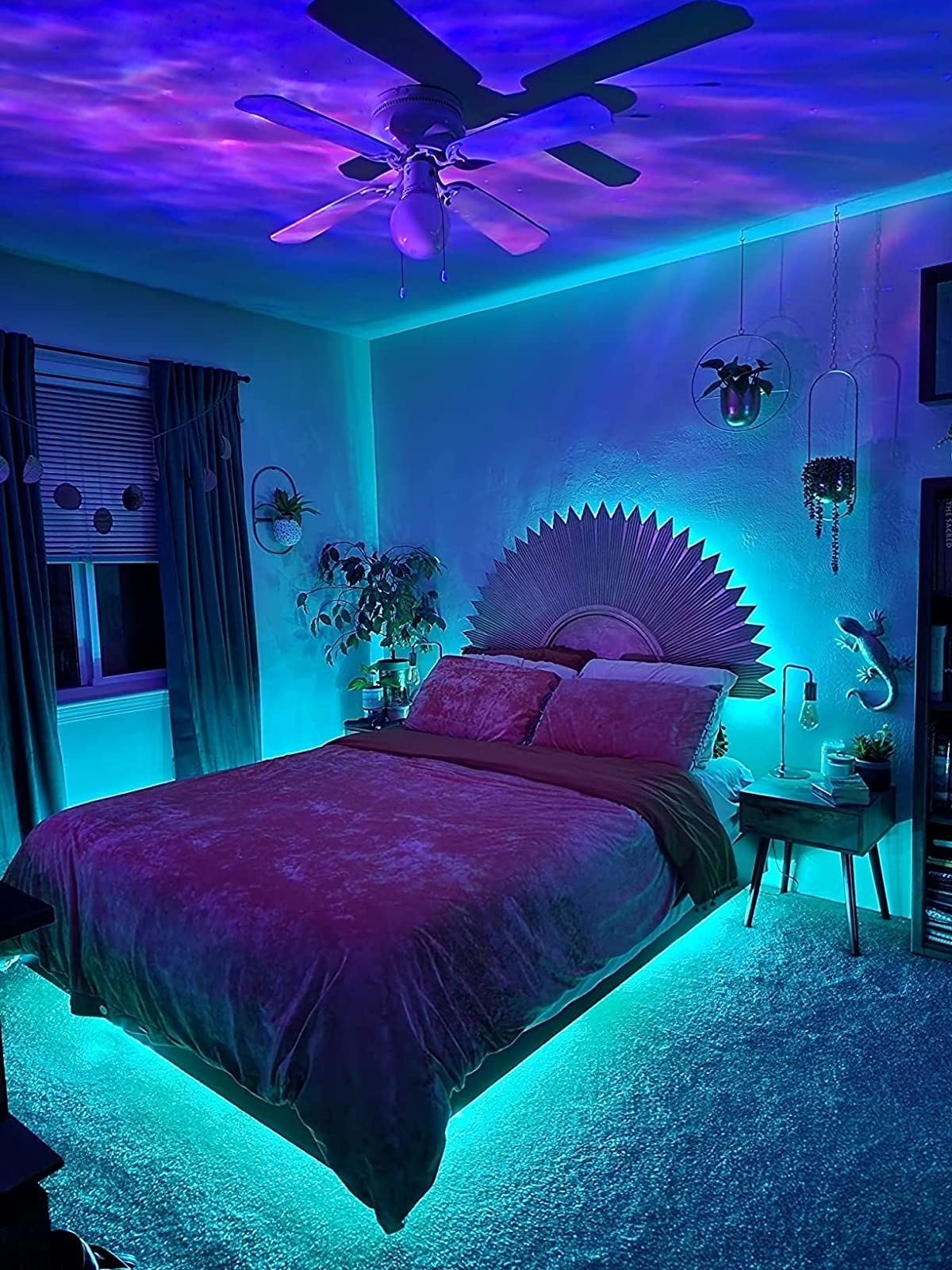 Blue LED lights under bed in reviewer bedroom