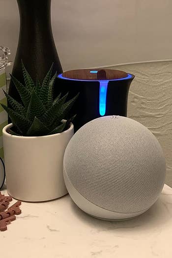 Reviewer's white Echo Dot 5th Gen next to laptop and keyboard