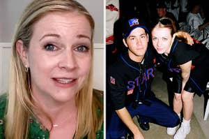 Melissa Joan Hart speaks in an interview over video vs Ryan Reynolds squatting and putting an arm around Melissa Joan Hart as she bends down while a photographer takes their photo