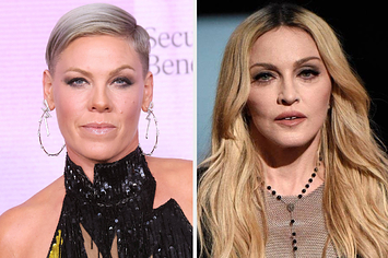 Pink looks straight ahead as photographers take her photo vs Madonna looking straight into a camera with her mouth slightly ajar as photographers take her picture