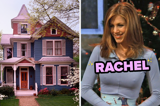 On the left, a Victorian-style house surrounded by blooming trees, and on the right, Rachel from Friends
