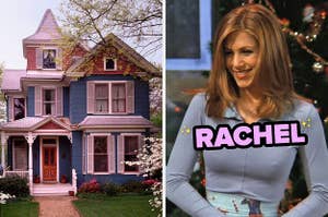 On the left, a Victorian-style house surrounded by blooming trees, and on the right, Rachel from Friends