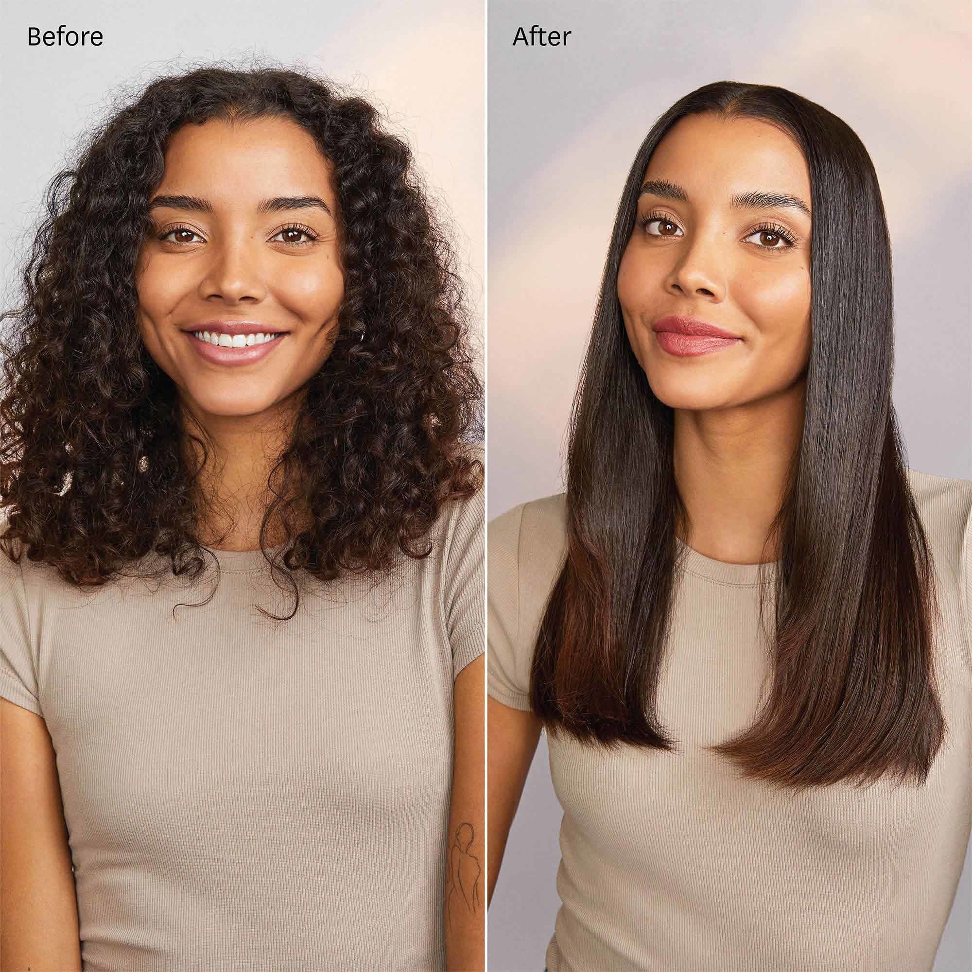 model&#x27;s hair before and after using the heated brush