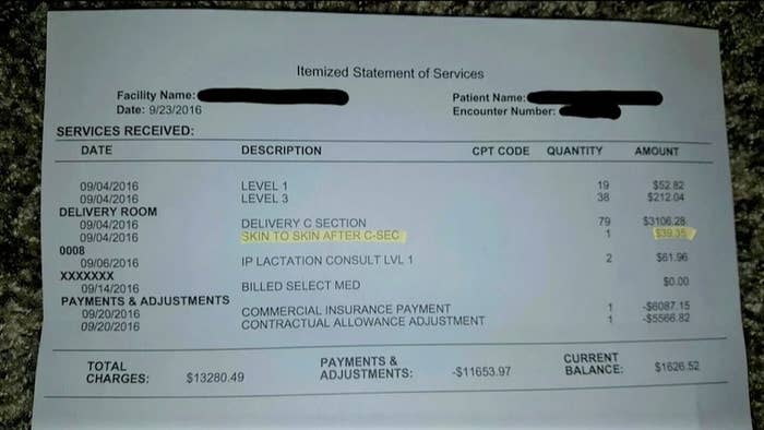A bill showing that a woman was charged nearly forty dollars to hold her child after he was born