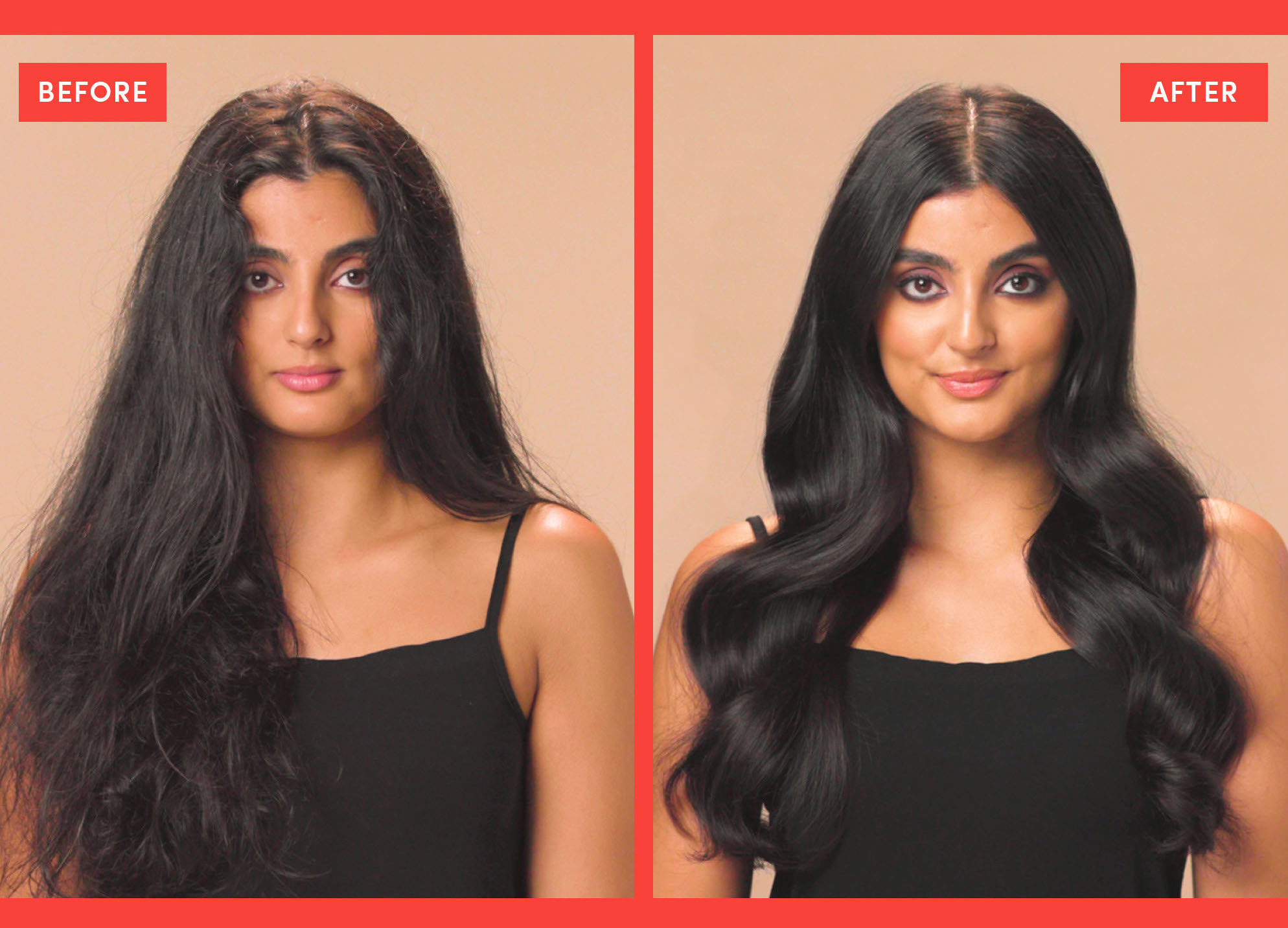 A person showing before and after images of their hair