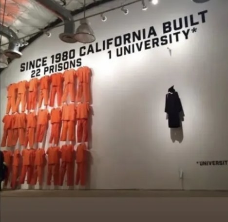 A wall showing that twenty-two prisons have been built in thirty years while only one university has been built