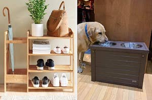 on left, wood organizer with umbrella, bag, and shoes lined up on shelves. on right, golden retriever eating out of elevated food bowl