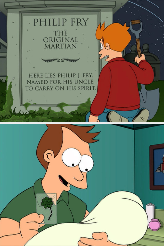 Animated character looking at the tombstone of Philip Fry, &quot;the Original Martian&quot;