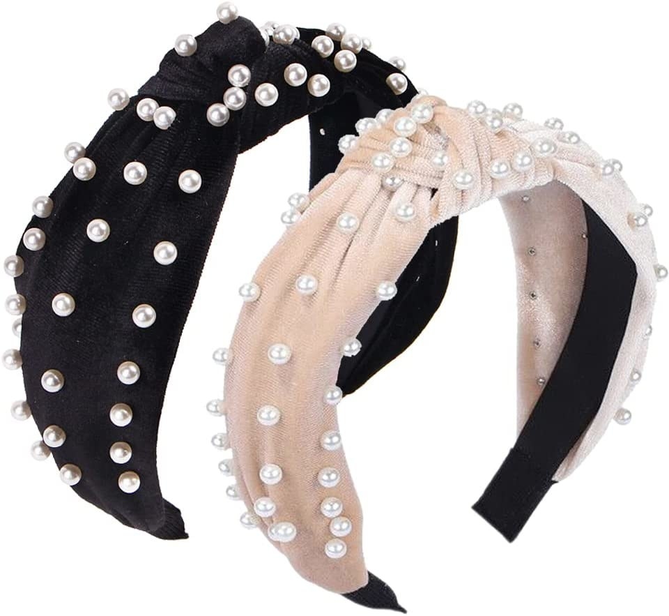the headbands with pearl embellishments on a plain background