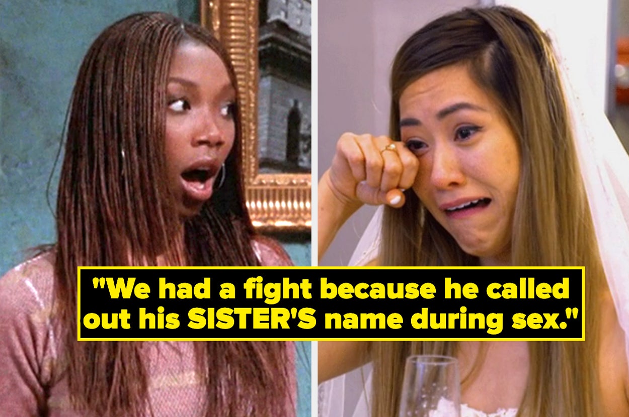 shocked reaction image and bride crying captioned "We had a fight because he called out his SISTER'S name during sex"
