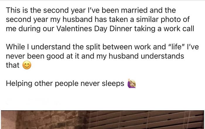 &quot;this is the second year i&#x27;ve been married and the second year my husband has taken a similar photo of me working during our valentines day dinner&quot;