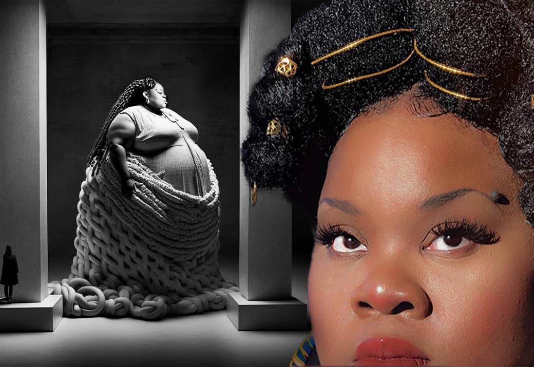 A photo illustration featuring AI artist Jervae and their black and white artwork of a fat, Black woman