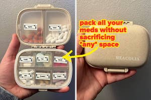 Reviewer's travel pill organizer opened showing all of their labeled medications and closed, labeled "pack all your meds without sacrificing *any* space"