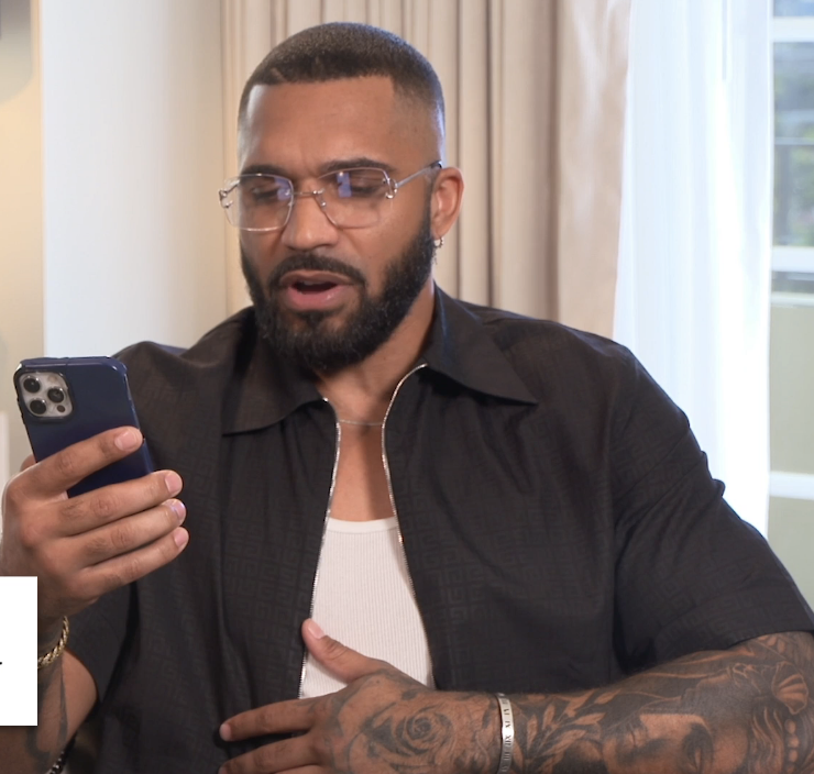 Tyler Lepley looking shocked while reading Thirst Tweets