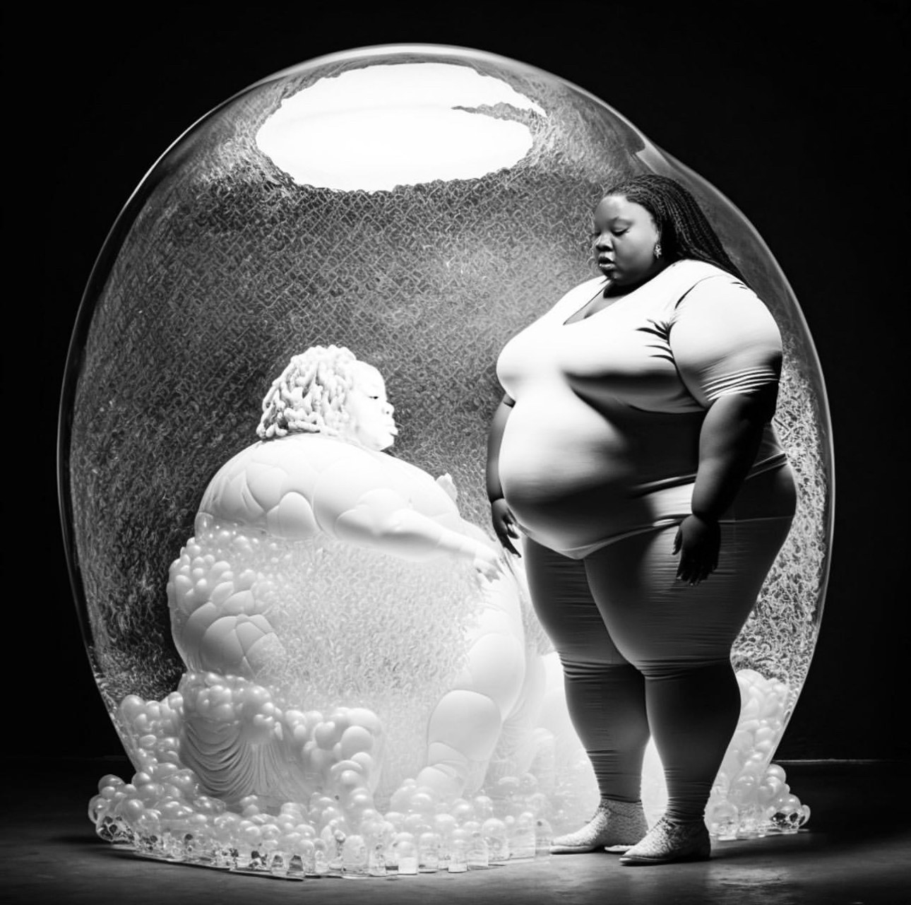 Black and white AI art of a Fat, Black woman looking at what appears to be a statue in a bubble