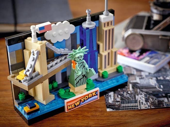 the assembled lego postcard on a table