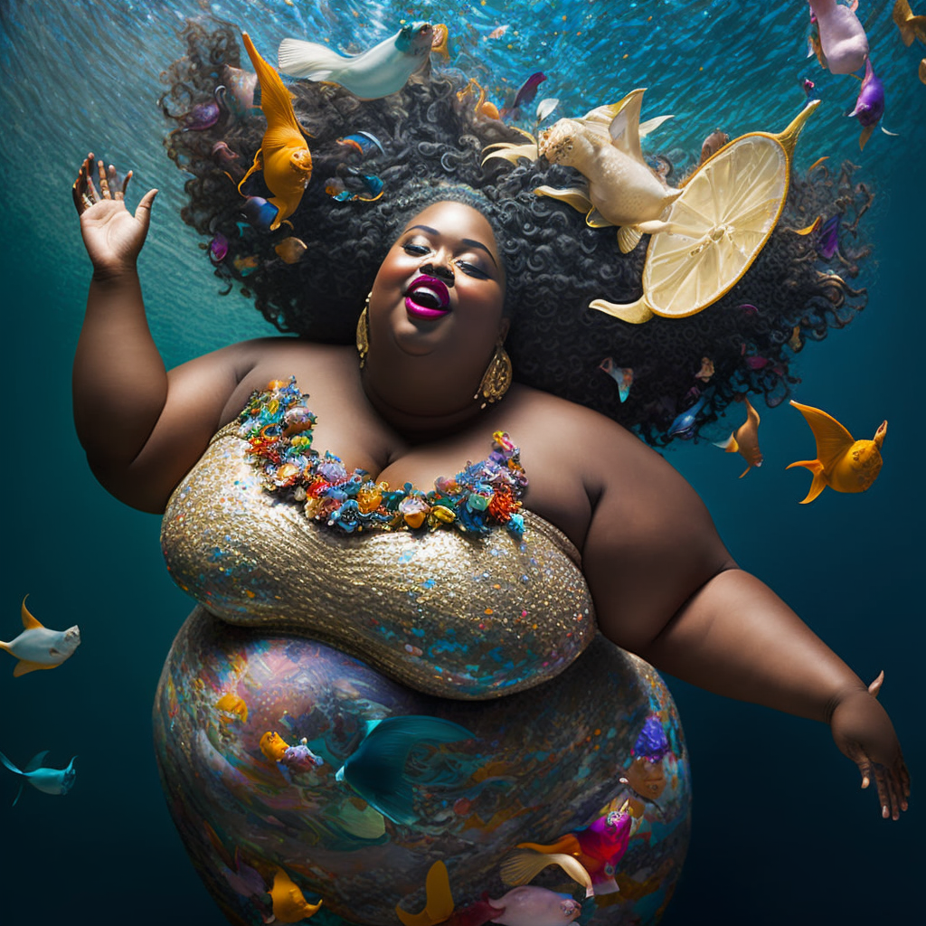 AI art of a fat, Black mermaid