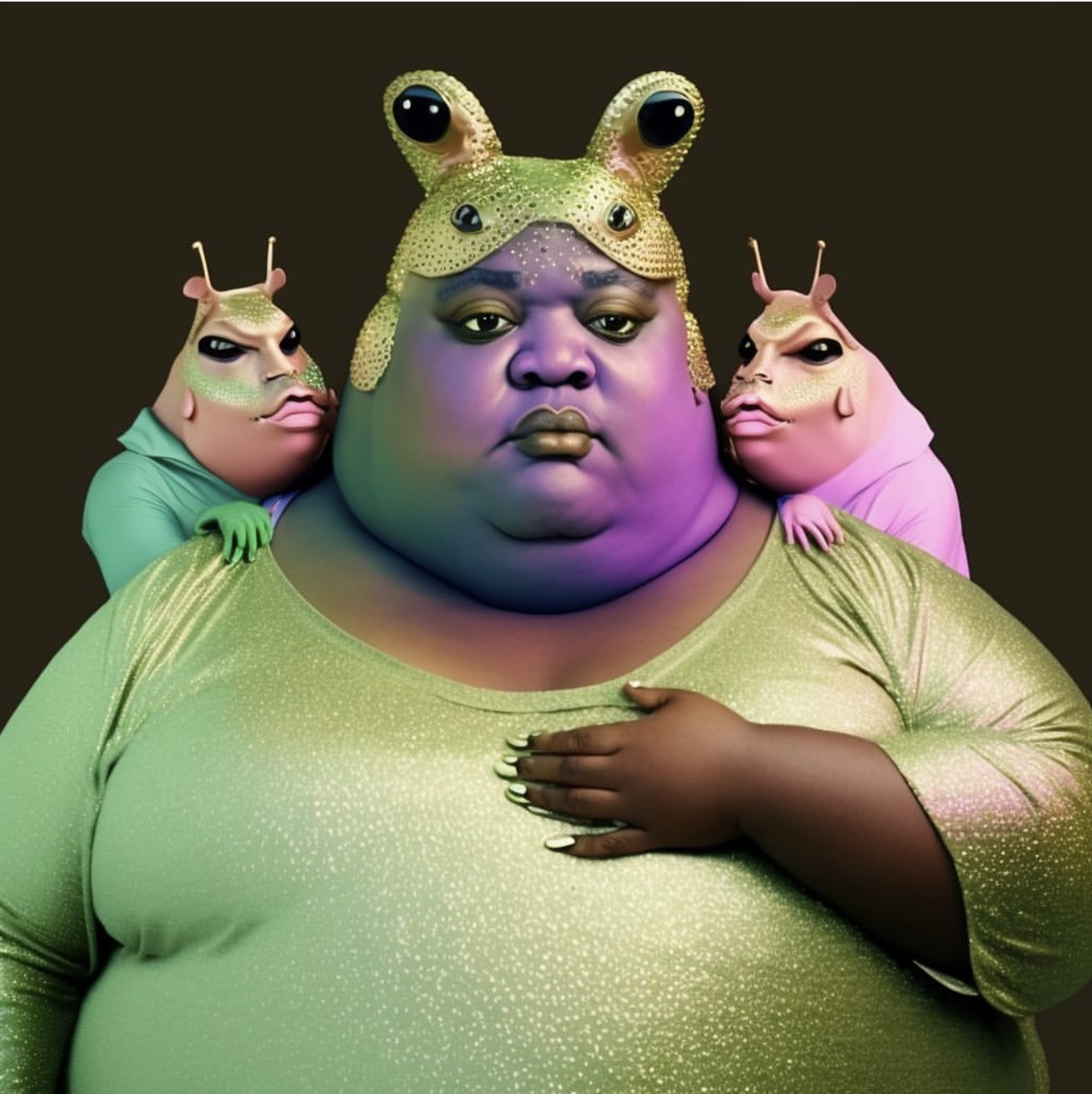 Fat Black woman with a frog-like headdress and alien creatures on each shoulder