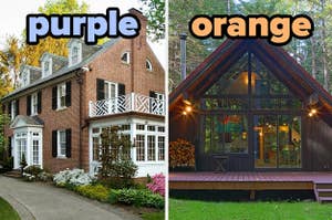 On the left, a brick, colonial-style home labeled purple, and on the right, a cabin in the woods labeled orange