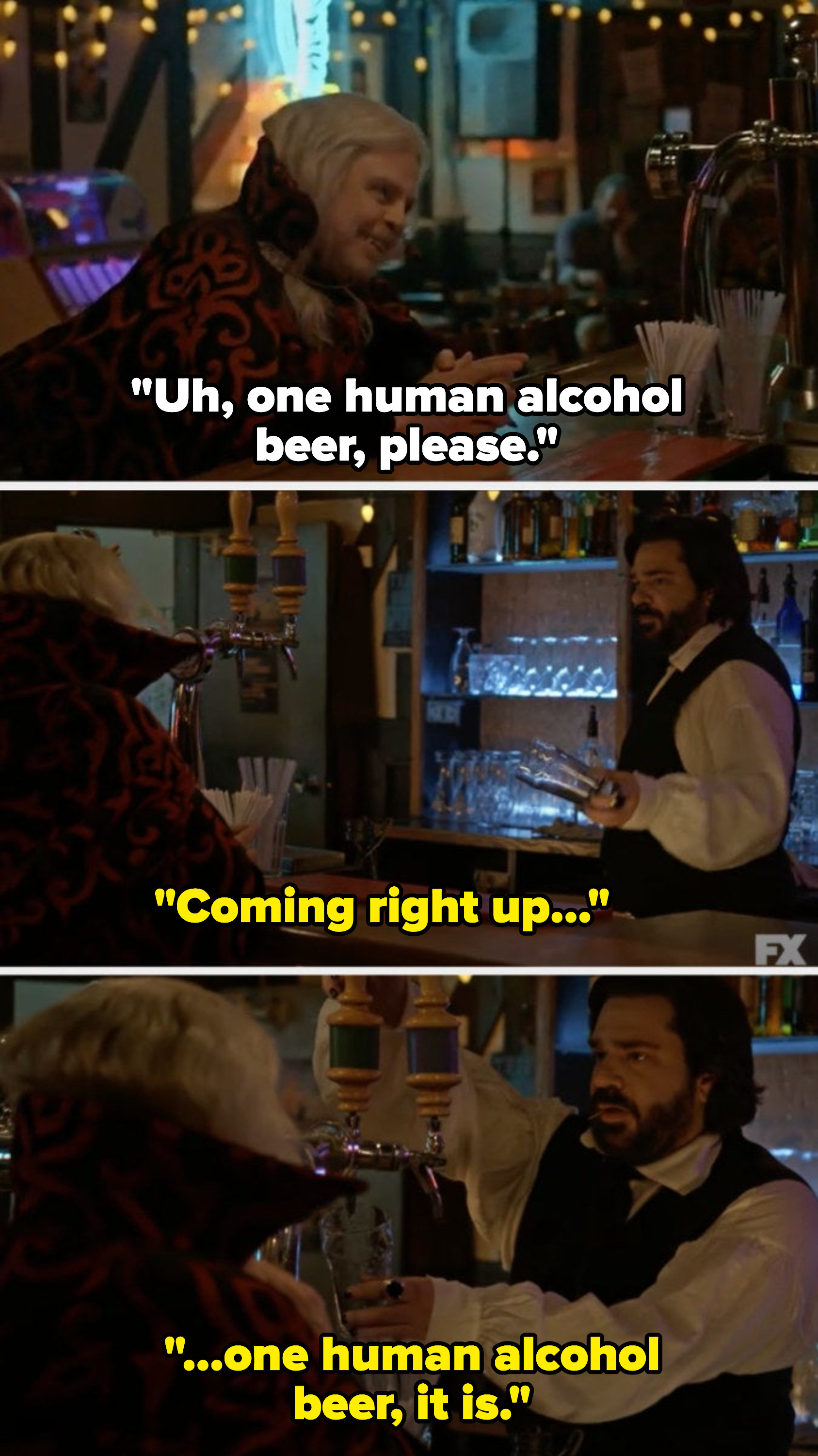 Character asking a bartender for &quot;one human alcohol beer&quot;