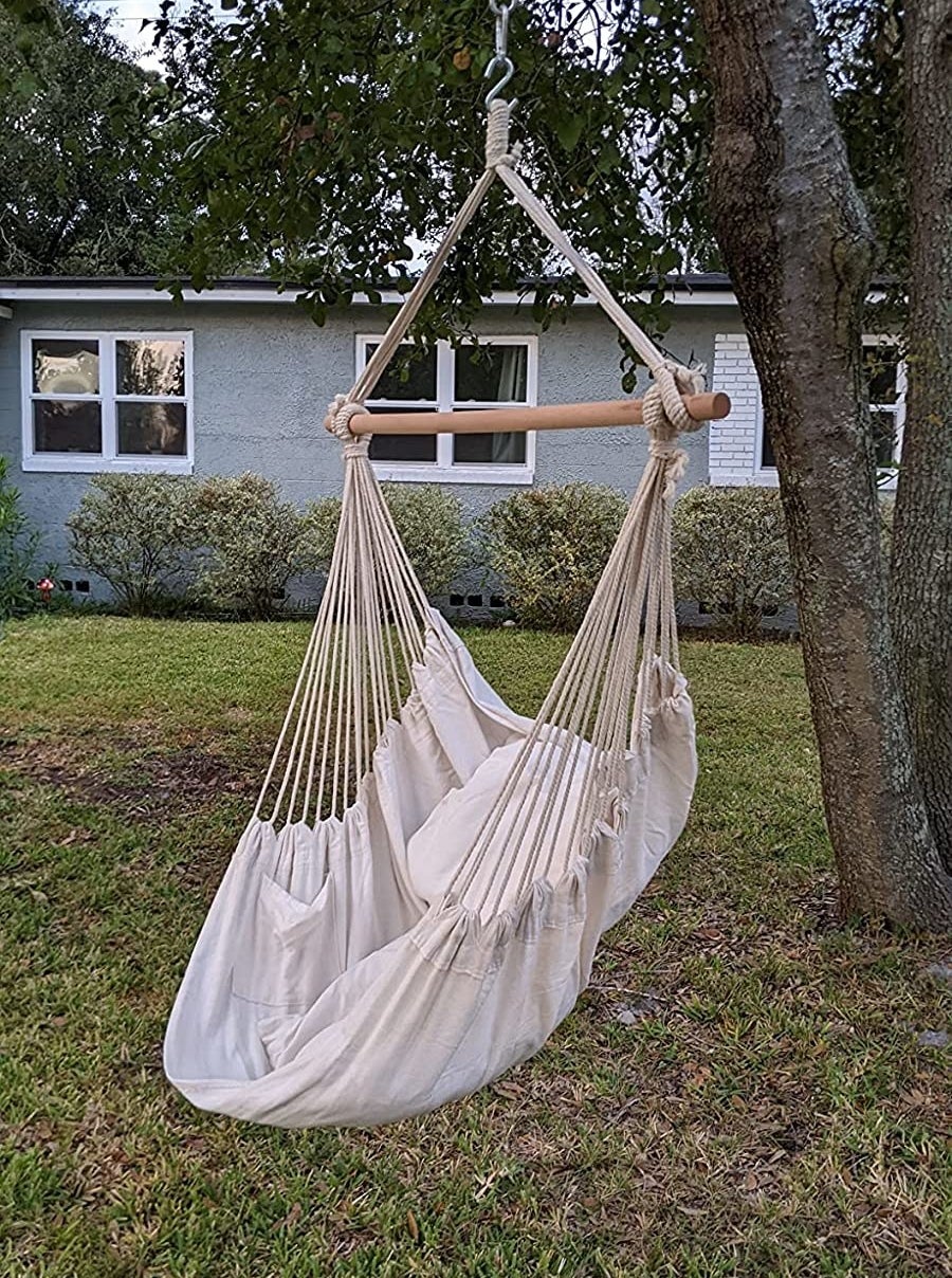 reviewer&#x27;s hammock hangs from a tree