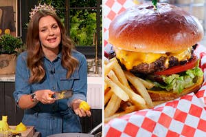 On the left, Drew Barrymore holding a grater and a lemon, and on the right, a cheeseburger with a side of fries