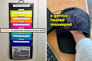 a rainbow color coded cascading folder system / hand inside a heated mousepad
