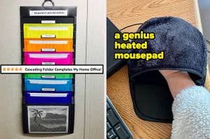 a rainbow color coded cascading folder system / hand inside a heated mousepad