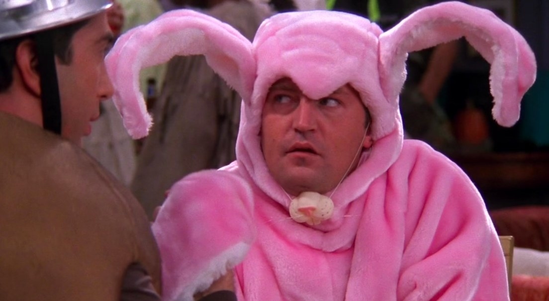 Chandler wears a pink bunny costume
