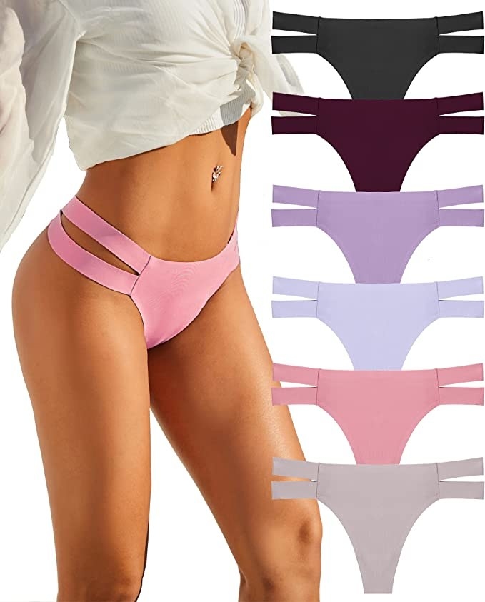 Model wearing pink double T-strap thong next to six pairs of the thongs in different color options