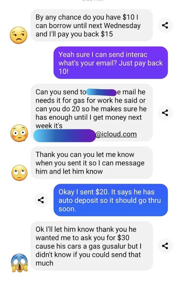 Someone asks for $20, the neighbor gives it to them, then the requester says their husband asked if they could give them $30