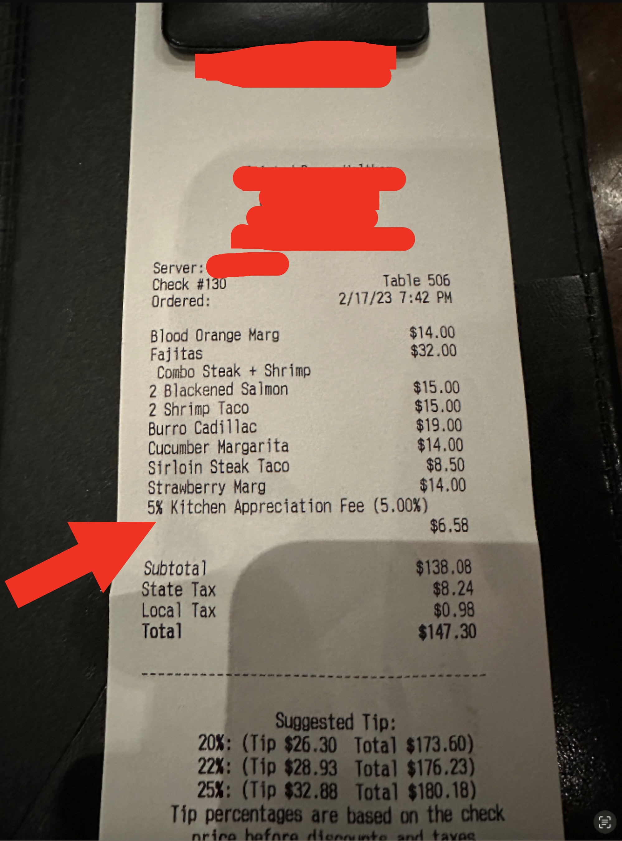 arrow pointing to the fee on the receipt