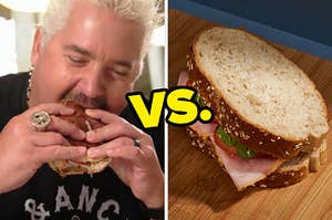 On the left, Guy Fieri eating a burger, and on the right, a ham sandwich with versus typed in the middle