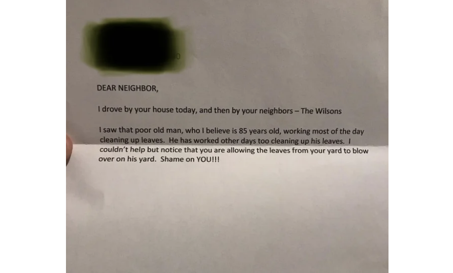 A note that says &quot;shame on you&quot; to someone for allowing leaves from his tree to blow into the yard of his 85-year-old neighbor