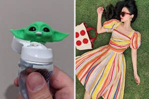 a Baby Yoda toothpaste topper; a rainbow-striped tea-length dress with puff sleeves
