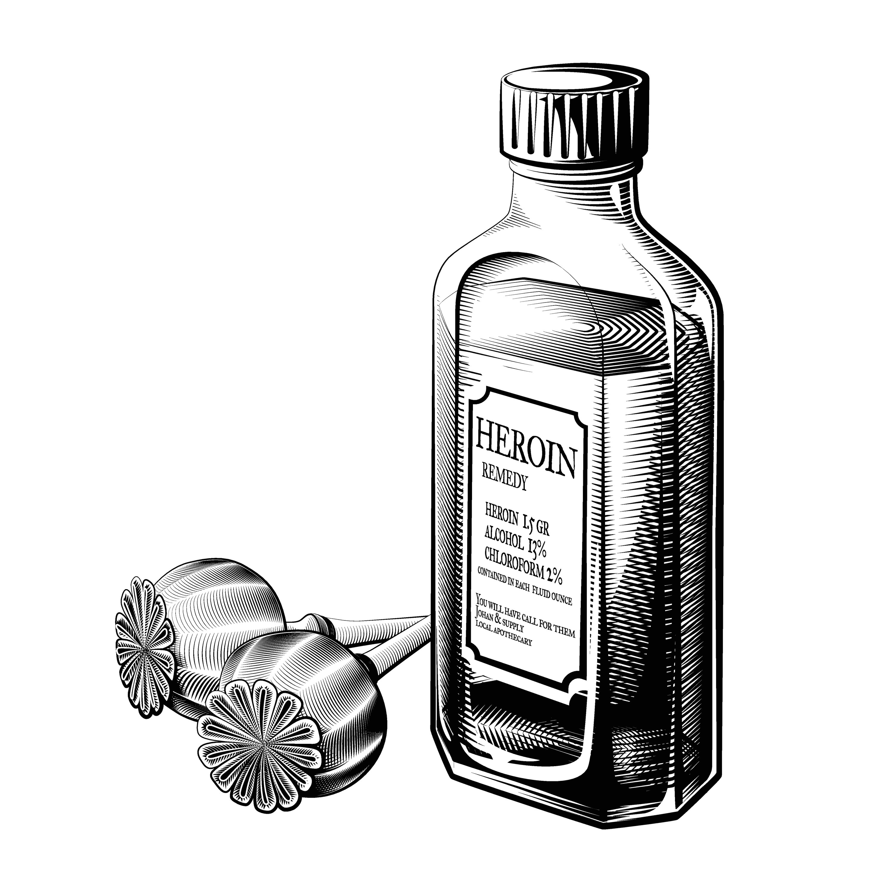 Vintage heroin drug bottle and opium poppies vector. Ink illustration of a liquid drug