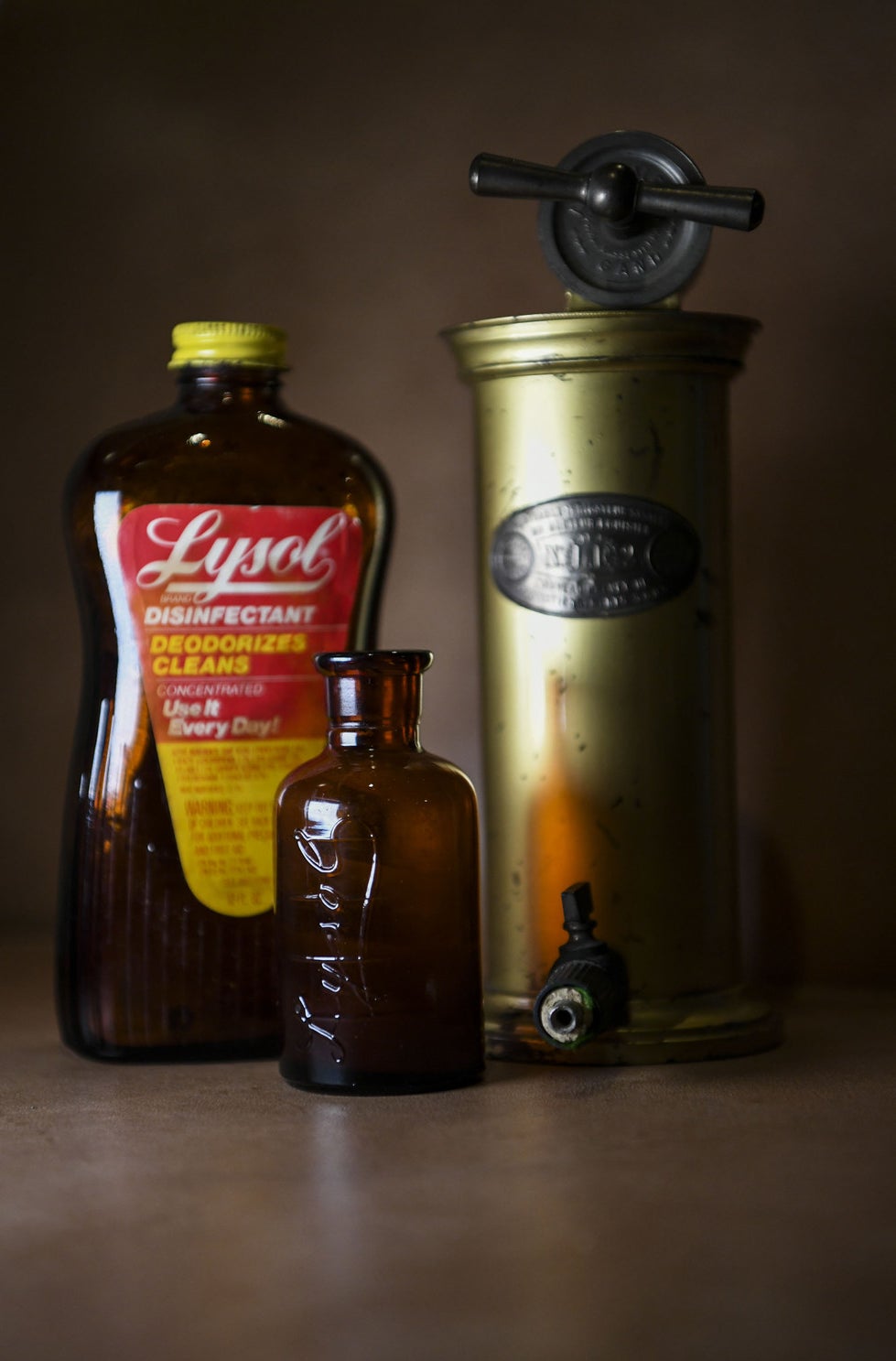 Lysol bottles and a douche from the 1860&#x27;s, on display on an exam room table at the American College of Obstetricians and Gynecologists Museum in Washington, DC