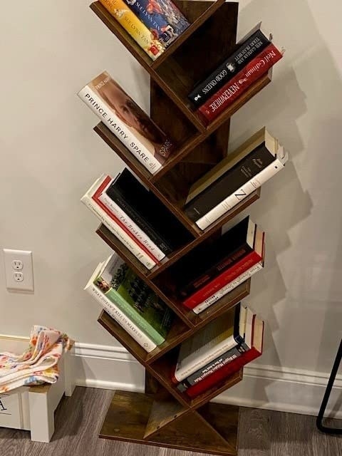 Dark wood tree bookshelf with books on it