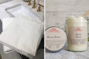 A stack of plush white towels on the left and a jar of handmade sugar scrub on the right