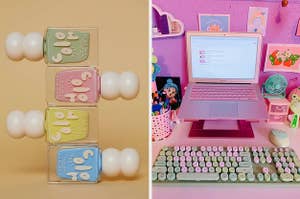 on left, stacked yellow, green, blue, and pink nail polish containers with bubble handles. on right, colorful pink and green keyboard under laptop on stand