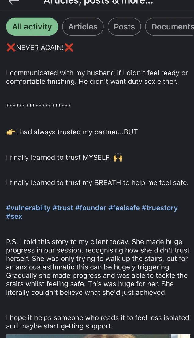 person continuing to tell people about their sex with their husband and using it as a way to talk about vulnerability and trusting yourself