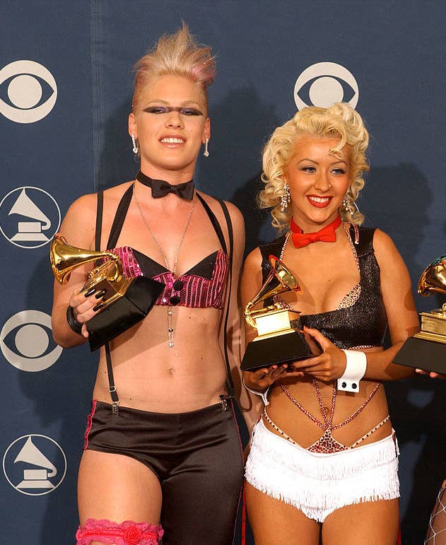pink and christina holding grammys
