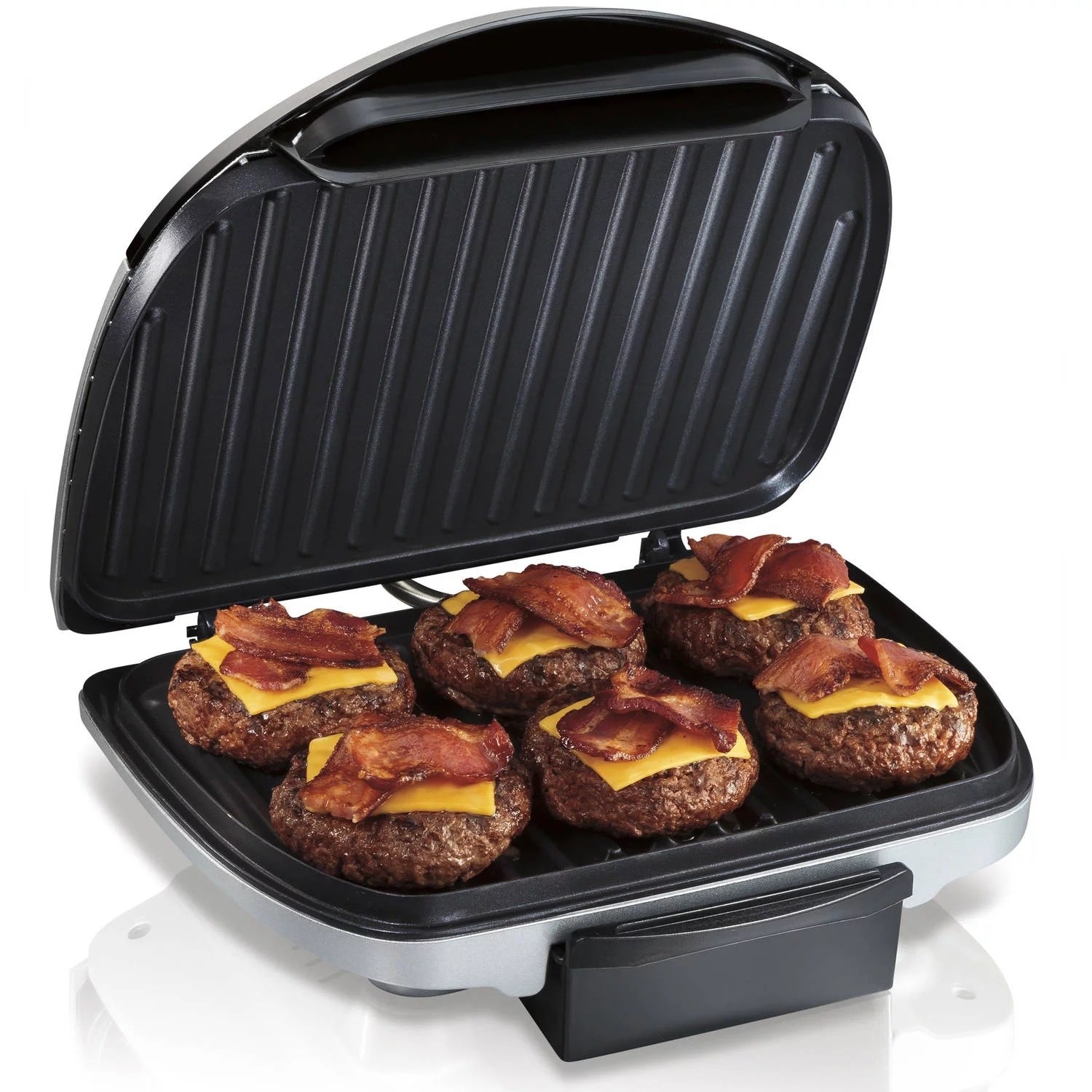 the black indoor grill with bacon cheeseburgers