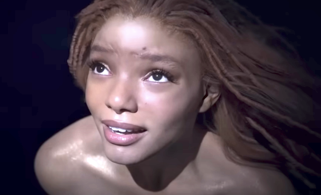 closeup of Halle with her locs as the little mermaid